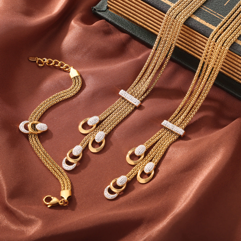 Gold Diamond and Enamel Pendant Multilayer Necklace Bracelet Set