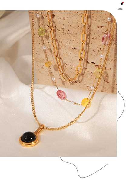 Amber Pendant Layered Gold Necklace Ensemble