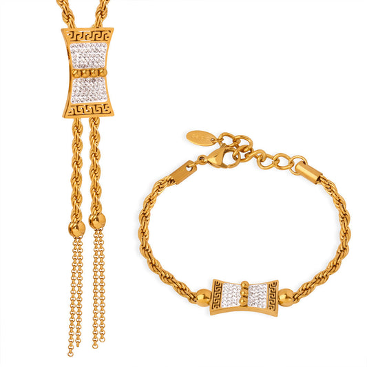 Sparkling Fringe Diamond Pendant Gold Necklace and Bracelet Se