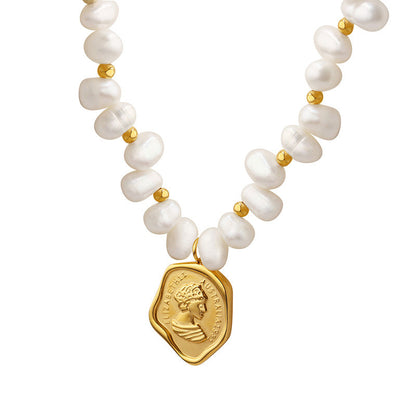 French Portrait Medallion & Freshwater Pearl Gold Necklace