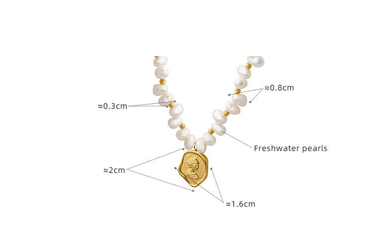French Portrait Medallion & Freshwater Pearl Gold Necklace