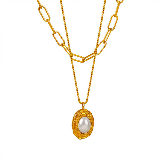 14K GOLD High-end vintage style pearl pendant double layer necklace