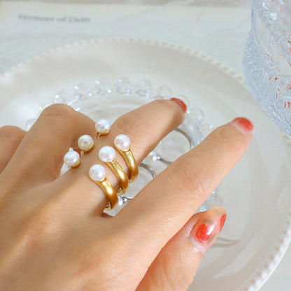 Gold U-Shaped Open Ring with Pearl Inset