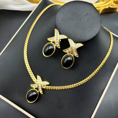 14K Gold Vintage Black Onyx Inlay Jewelry Set