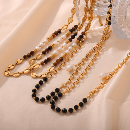 Gold Natural Tiger's Eye and Freshwater Pearl Handcrafted Beaded Necklace