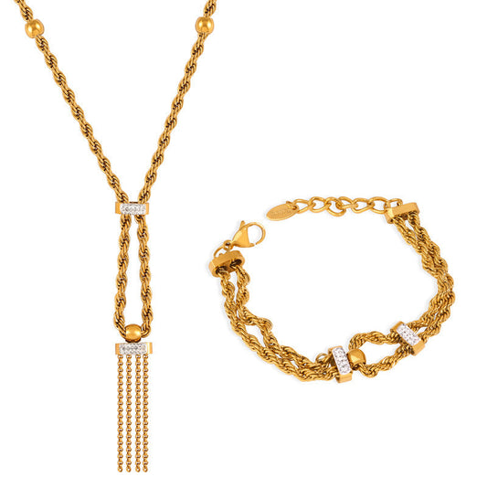 Double-Layer Twisted Enamel Diamond Necklace and Bracelet Set