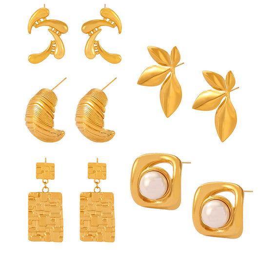 14k GOLD Geometric Texture Pearl Stud Earring