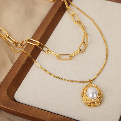 14K GOLD High-end vintage style pearl pendant double layer necklace