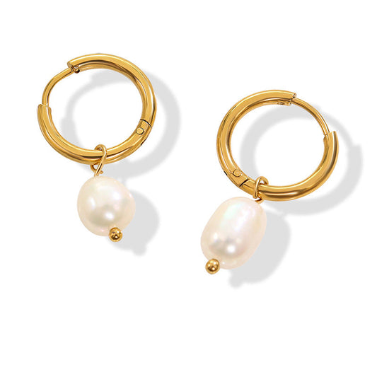 French Vintage Freshwater Pearl Hoop Gold Earrings