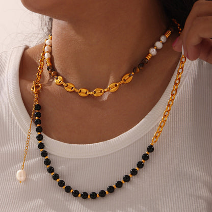 Gold Natural Tiger's Eye and Freshwater Pearl Handcrafted Beaded Necklace