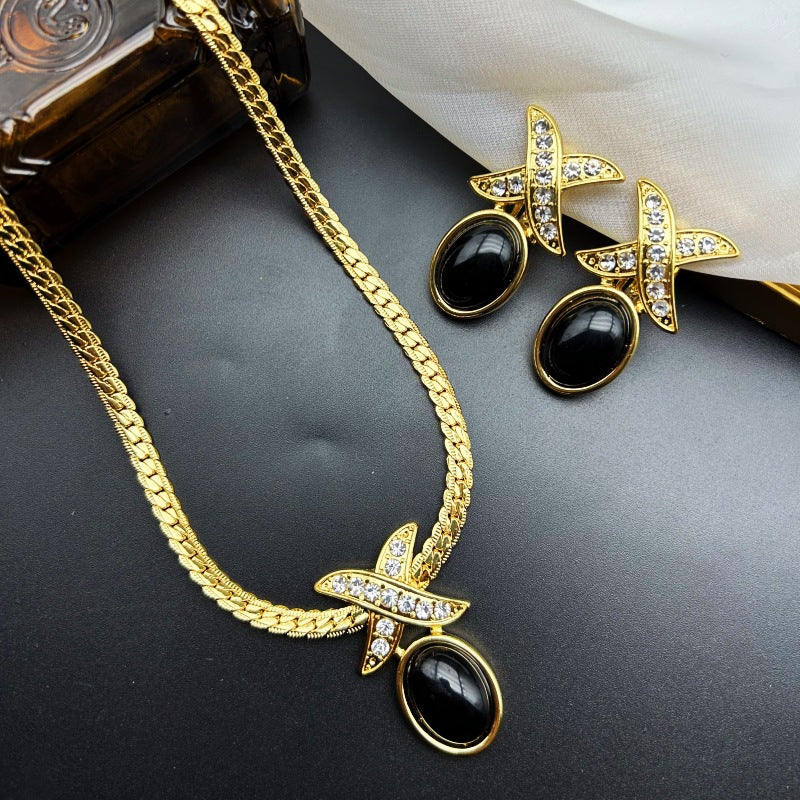 14K Gold Vintage Black Onyx Inlay Jewelry Set