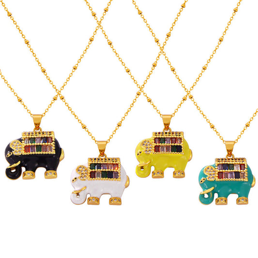 Droplet Oil Beaded Chain Elephant Pendant Necklace