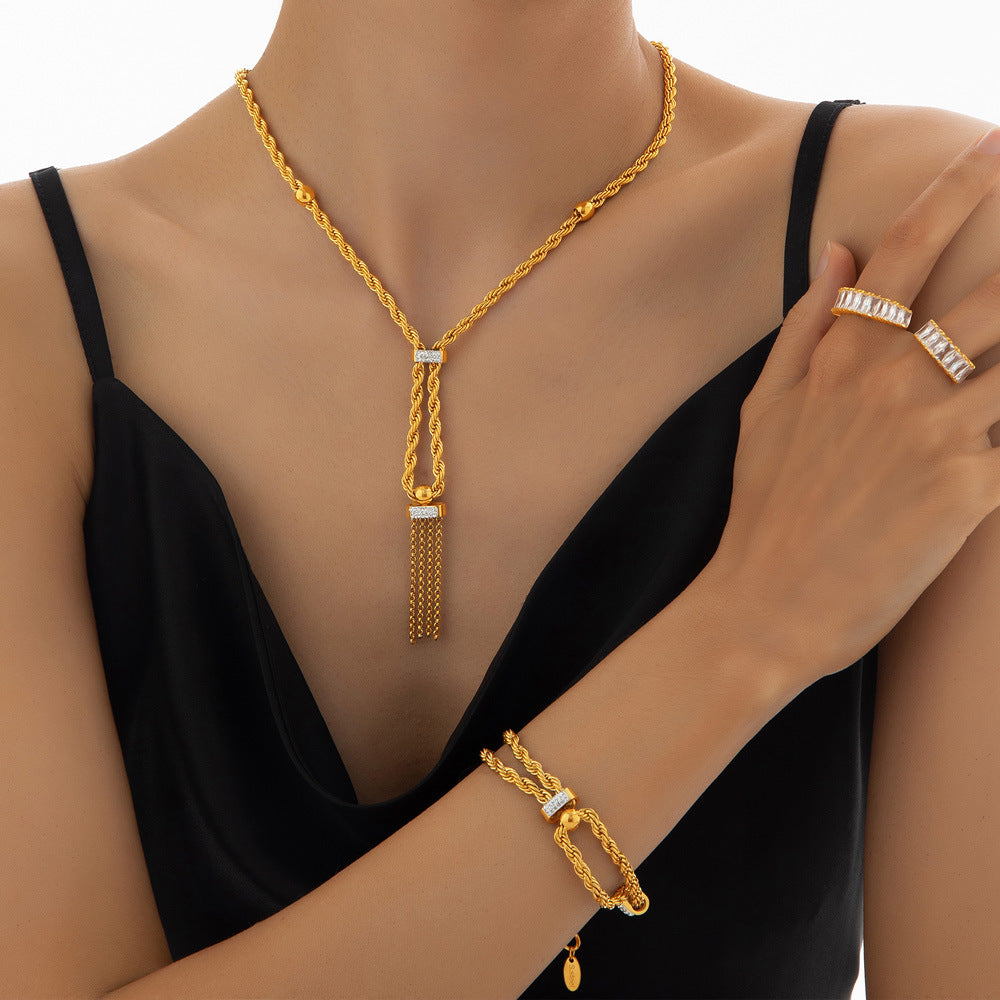 Double-Layer Twisted Enamel Diamond Necklace and Bracelet Set