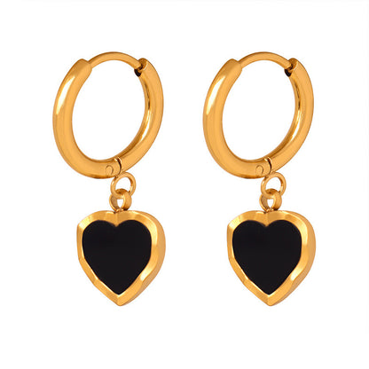 14K gold black drop glaze peach heart earrings