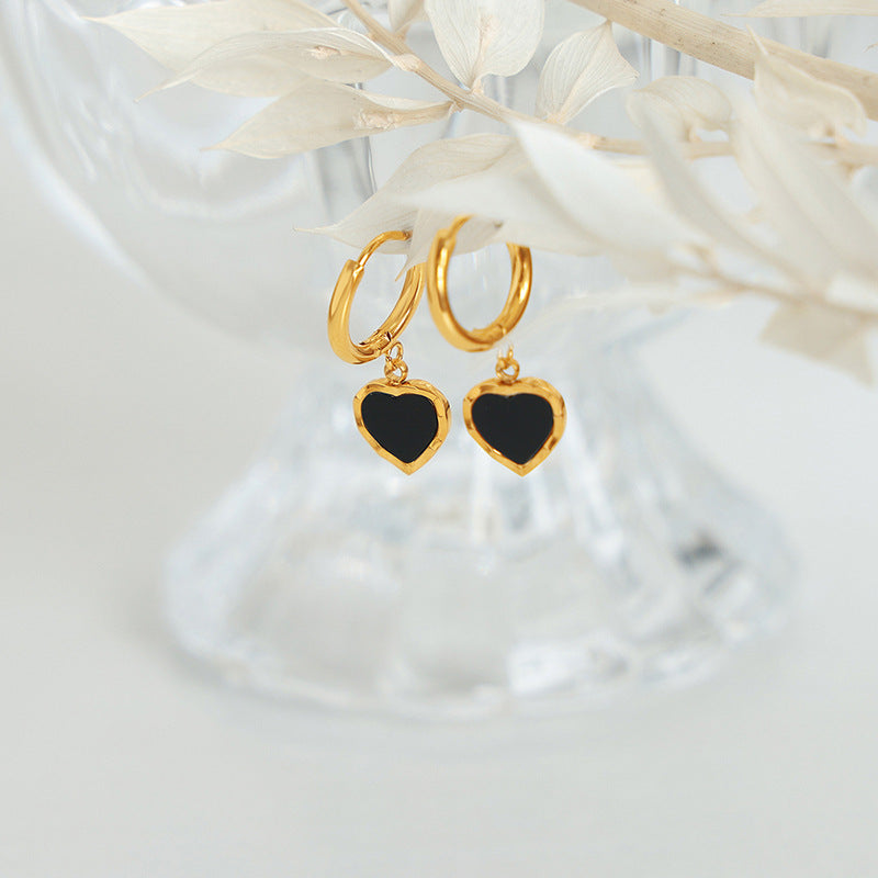 14K gold black drop glaze peach heart earrings
