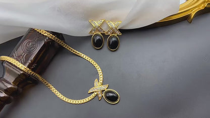 14K Gold Vintage Black Onyx Inlay Jewelry Set