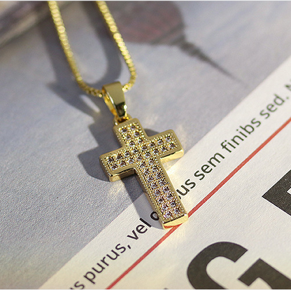 14K Inlaid diamond Small Cross  Necklace