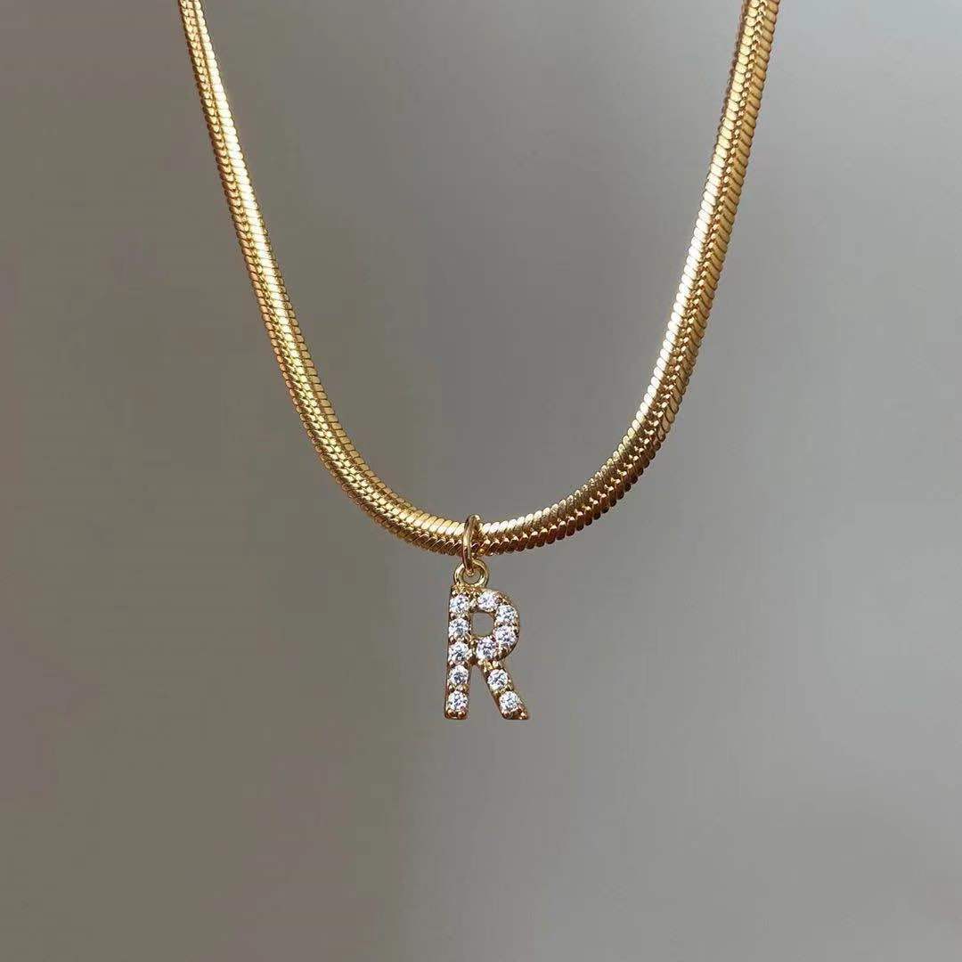 14K Gold Snake Chain Collar Letter Diamond Gold Necklace